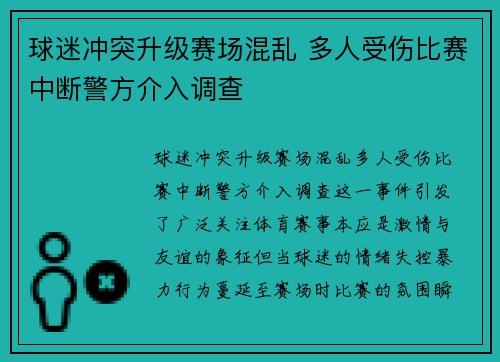球迷冲突升级赛场混乱 多人受伤比赛中断警方介入调查 球迷冲突升级赛场混乱 多人受伤比赛中断警方介入调查