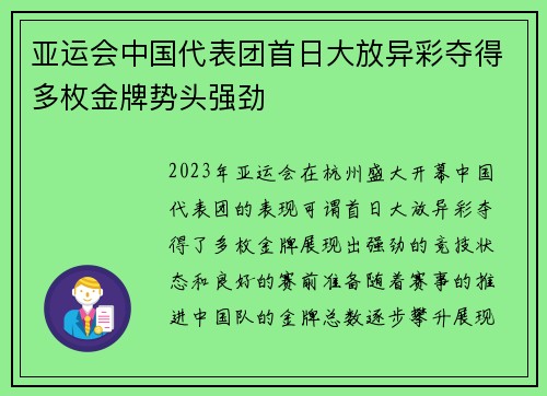 亚运会中国代表团首日大放异彩夺得多枚金牌势头强劲 亚运会中国代表团首日大放异彩夺得多枚金牌势头强劲