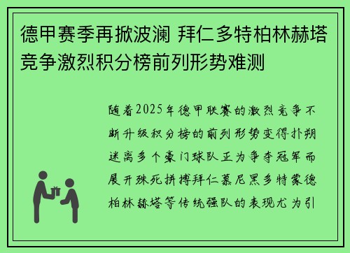 德甲赛季再掀波澜 拜仁多特柏林赫塔竞争激烈积分榜前列形势难测
